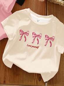 SHEIN 3 件套女婴可爱复古蝴蝶结图案休闲简约圆领短袖 T 恤，适合春夏季 - 彩色 - 查看 3