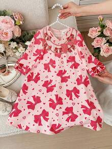 SHEIN Đầm dài tay cổ chữ V in nơ cho bé gái - Đỏ - Xem 2