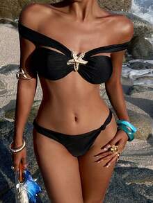 Opulessa Ensemble de bikini à fermoir décoré d'étoile de mer de couleur unie, pour femmes, été - Noir - Voir 5
