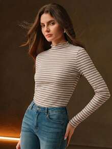 Anewsta 条纹优雅长袖荷叶边弹力女式T恤 - 巧克力棕 - 查看 3