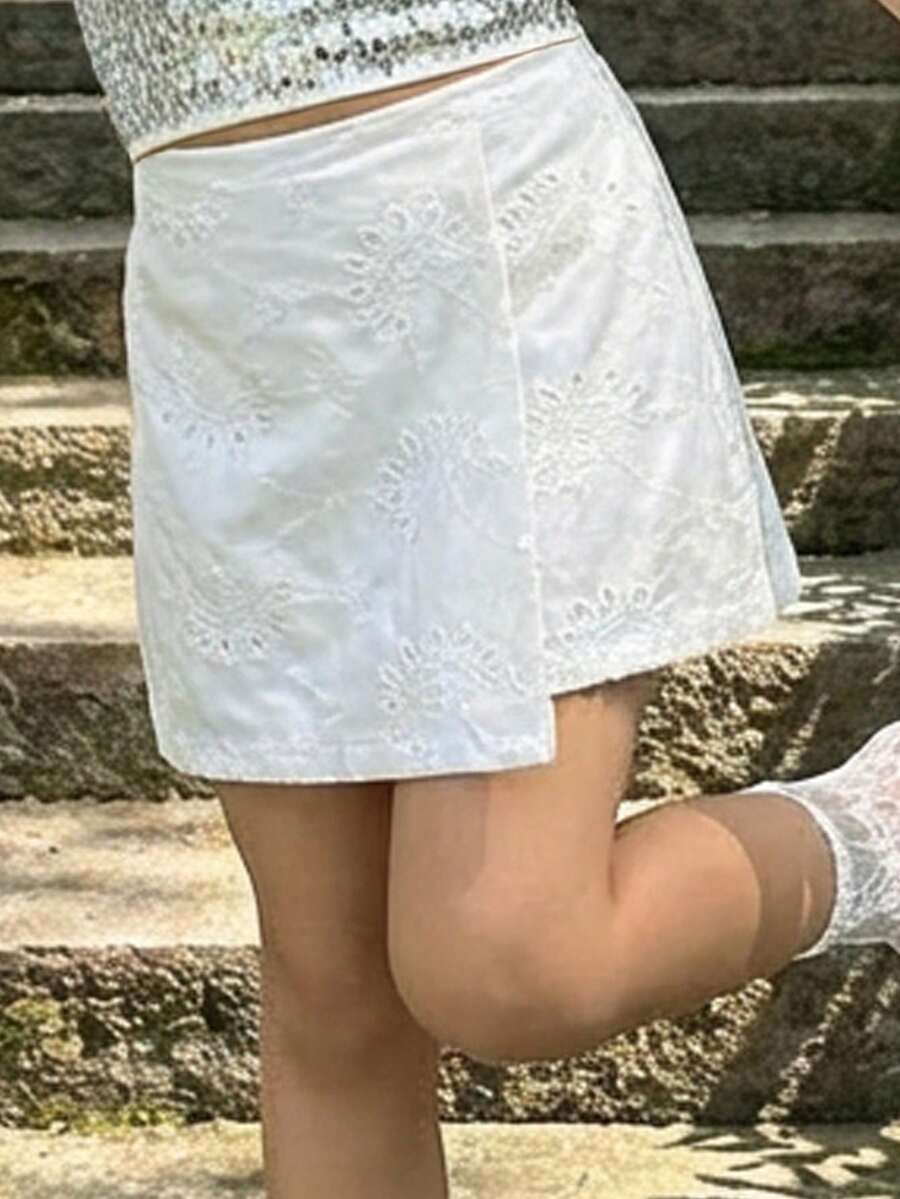 Young Girls Textured Asymmetric Shorts Skirt,Summer Casual Fashionable Versatile For Party,Outing,Photo Shoot,Park,Camping,Vacation,Daily Leisure - White - View 1