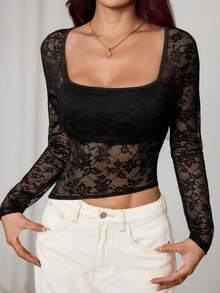 SHEIN PETITE Women's Floral Lace Asymmetric Hem Fitted Long Sleeve T-Shirt See Through Top Lace Crop Top Lace Long Sleeve Top - Black - View 1