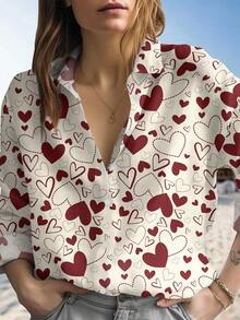 EMERY ROSE Valentine Day Heart Shirt Women, Retro Valentine Casual Shirt, Red Hearts Blouse Shirt, Love Romantic Long Sleeve Shirt - Multicolor - View 1