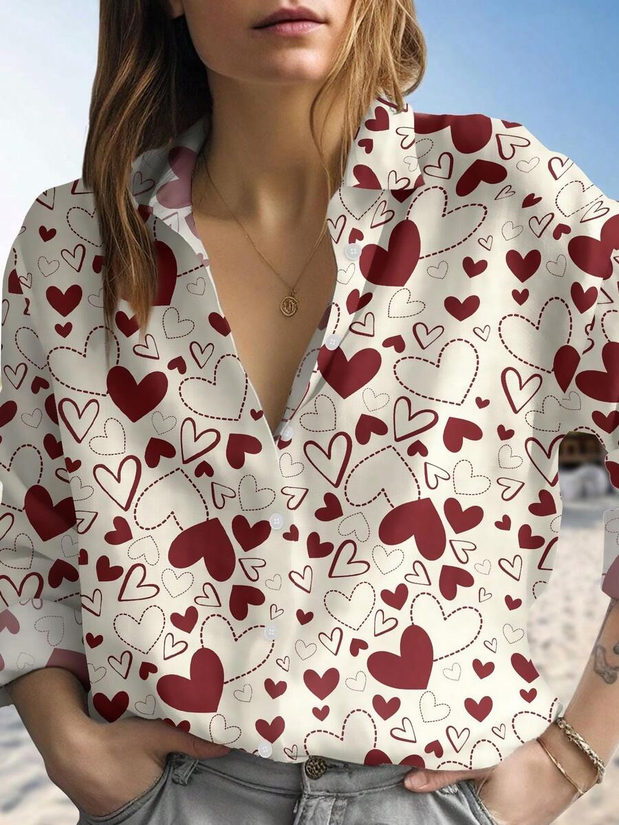 EMERY ROSE Valentine Day Heart Shirt Women, Retro Valentine Casual Shirt, Red Hearts Blouse Shirt, Love Romantic Long Sleeve Shirt - Multicolor - View 1