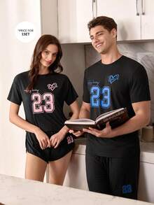 CoupledUp 时尚数字印花休闲运动男士短袖睡衣套装 - 黑色 - 查看 4