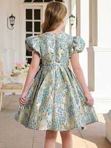 SHEIN Đầm dệt jacquard tay phồng trang trí nơ thanh lịch dành cho bé gái tuổi teen - Màu xanh lam - Xem 12