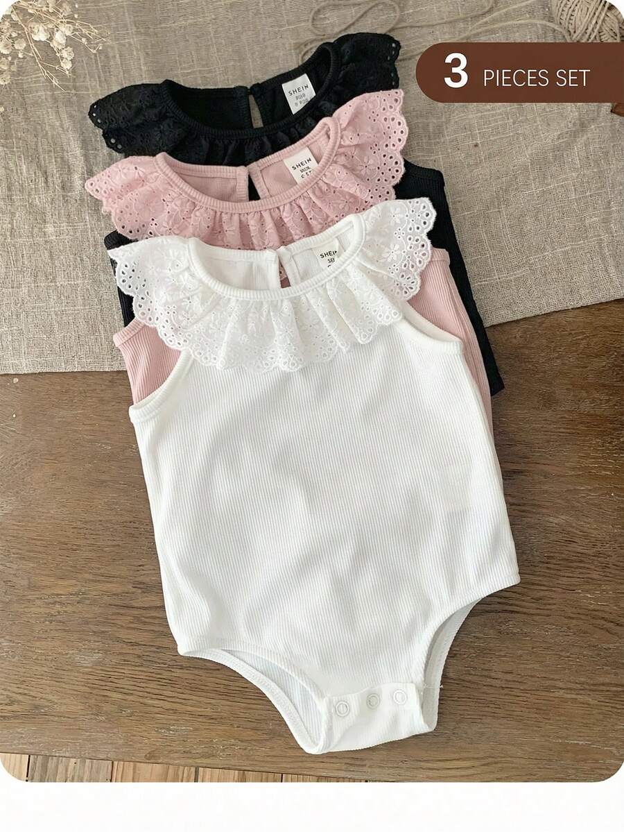 3pcs/Set Newborn Baby Girl Cute Knitted Ruffle Romper Set, Summer - Multicolor - View 1