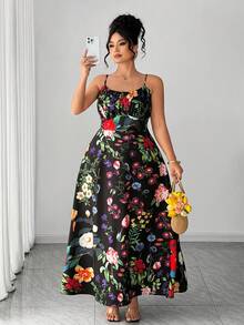 Elenzga 加大码随机印花黑色底亮丽花朵热带度假风吊带收腰A字长裙，优雅性感 - 彩色 - 查看 1