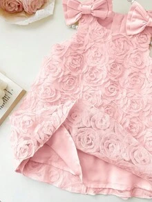 Cute & Elegant Apricot Floral Mesh Summer Dress For Baby Girl