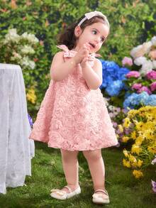 Cute & Elegant Apricot Floral Mesh Summer Dress For Baby Girl