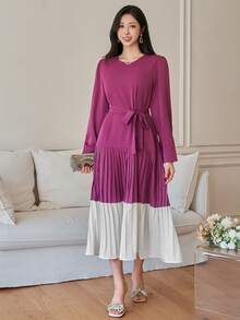 DAZY Women's Elegant Contrast Color Pleated Waist Midi Dress, Spring/Summer Wedding Guest Dress - Red Violet - View 5