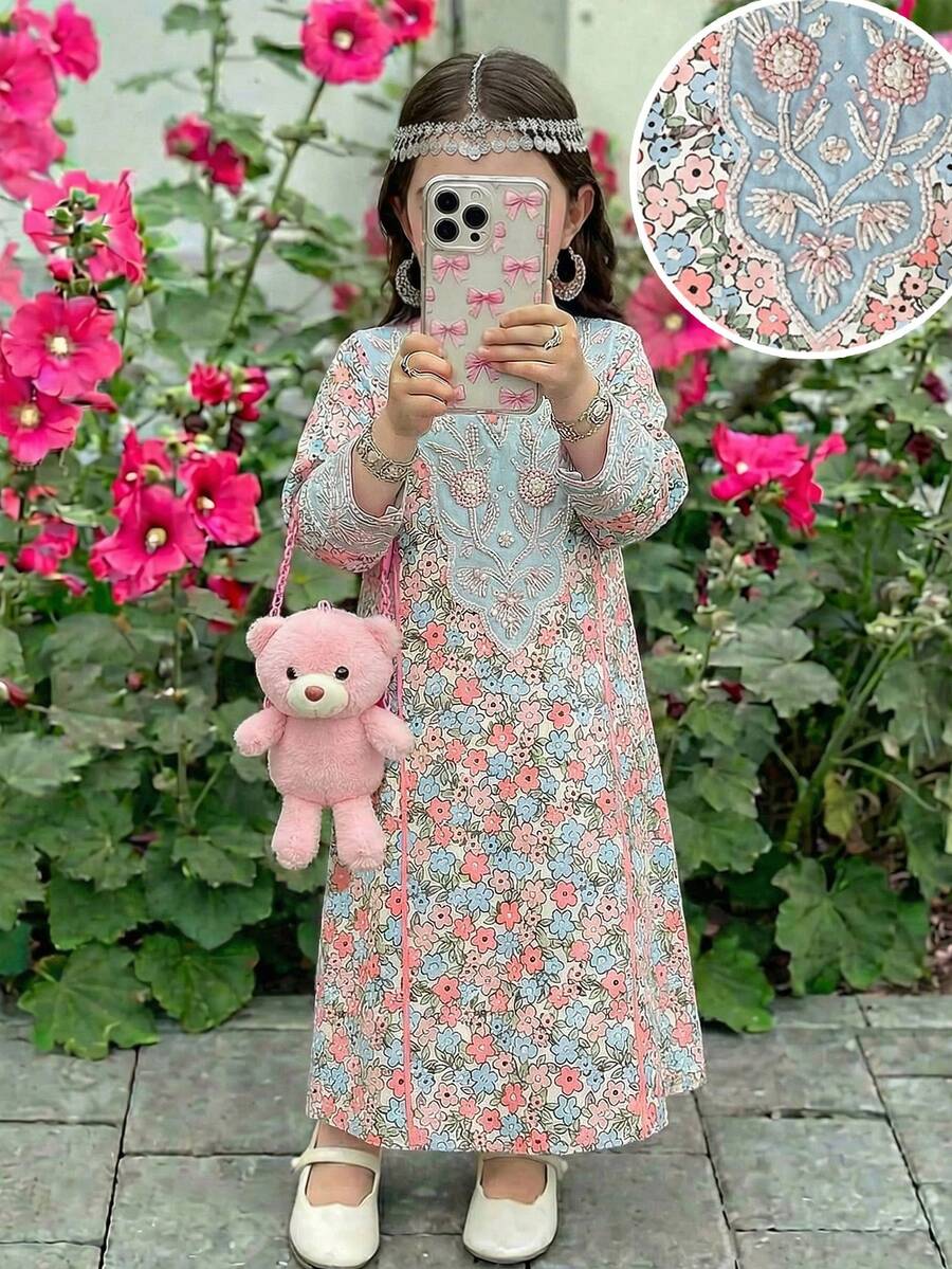 SHEIN Young Girls Floral Arabian Robe, Elegant Floral Collar, Traditional Long-Sleeved Arabian Dress, Suitable For Spring And Summer Wear - Multicolor - View 1