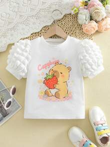 SHEIN 1pc Girls Cute Strawberry Bear & Popcorn Print Round Neck Short Sleeve Top - White - View 7