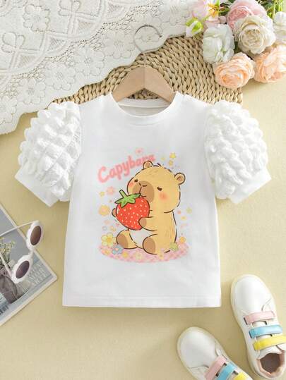 SHEIN 1 pieza Blusa de manga corta con cuello redondo y estampado de oso de fresa y palomitas de maíz lindo para niñas