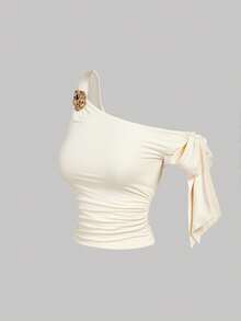 SHEIN MOD 女士两件套：不对称装饰纽扣修身花卉蝴蝶结上衣，春夏假日，情人节，波西米亚风，复古风，外出上衣，度假，复古风，外出，假日服装，沙滩装，优雅派对装，度假装，度假，波西米亚风，优雅派对装，婚礼宾客装，度假装，下午茶派对装 - 彩色 - 查看 6