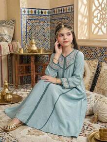 SHEIN 少女休闲V领长袖连衣裙 - 綠色 - 查看 1