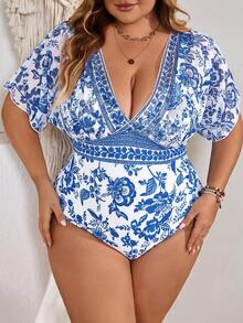 SHEIN CURVE+ 大码女式蓝白碎花印花连体泳衣，沙滩度假 - 藍白色 - 查看 1