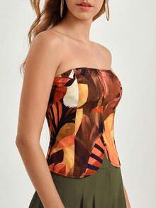 CAJUNI 女士休闲度假鹦鹉和海龟串珠印花抹胸上衣，日期 - 棕色 - 查看 4