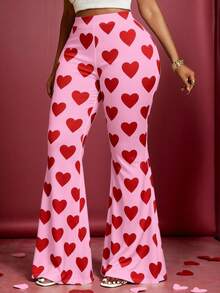 Maweii Quần ống loe cạp cao in hình trái tim thời trang dành cho nữ cỡ lớn - Hồng - Xem 4
