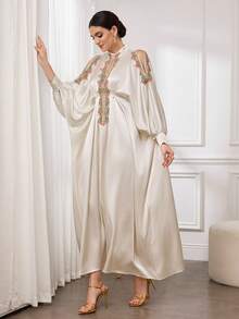 SHEIN Najma فستان أنيق فاخر بتصميم عربي تراثي مزخرف بالألوان والدانتيل - لون مشمشي - مشاهدة 3