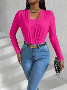 VaVaBold Women's Spring And Summer Pleated Chest 2 In 1 Long Sleeve Fashion Jumpsuit - Hot Pink - View 5