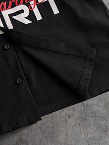 AXEPEAK Áo sơ mi nam tay ngắn cài cúc phía trước, in chữ và sọc. - màu đen - Xem 5