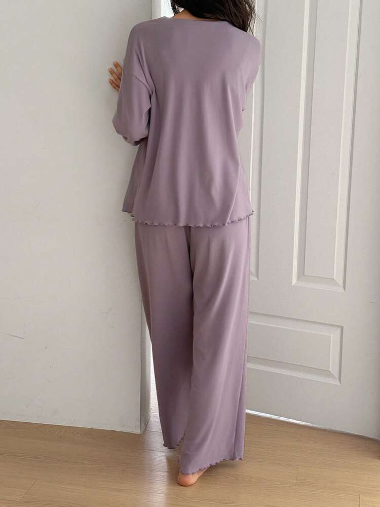 Women's Plush Knit Fabric Contrast Color Bow Ruffle Trim Pajama Set, Suitable For Spring And Autumn