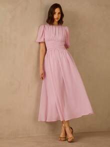 Enchnt 女士纯色褶皱圆领休闲短袖连衣裙 - Butter Yellow - 查看 7