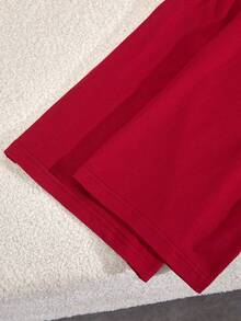 少女休闲通勤时尚运动风刺绣撞色V领褶皱修身T恤搭配抽绳阔腿裤套装，春秋季 - 酒紅色 - 查看 10