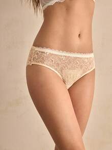 Charlaine 花卉蕾丝拼接蝴蝶结装饰低腰舒适法式/意式浪漫日常轻松舒适时尚秋季女士内裤 - 杏色 - 查看 5