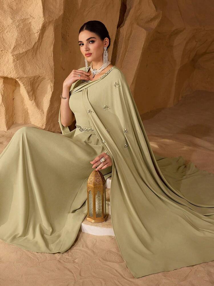 Modelyn Elegant Romantic Computer Rhinestone Decor Cinched Waist Young Women's Fashion Dress - Mustard Yellow - View 6