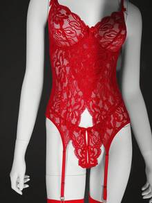 SHEIN 4pcs Lace Sexy Lingerie Set For Valentine's Day - Red - View 9