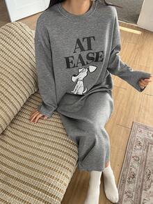 DAZY Loose Long Sleeve Long Dog Print Nightgown, Women Autumn Sleepwear Dress - Grey - View 1