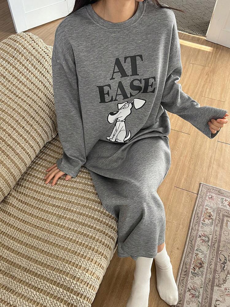 Loose Long Sleeve Long Dog Print Nightgown, Women Autumn Sleepwear Dress