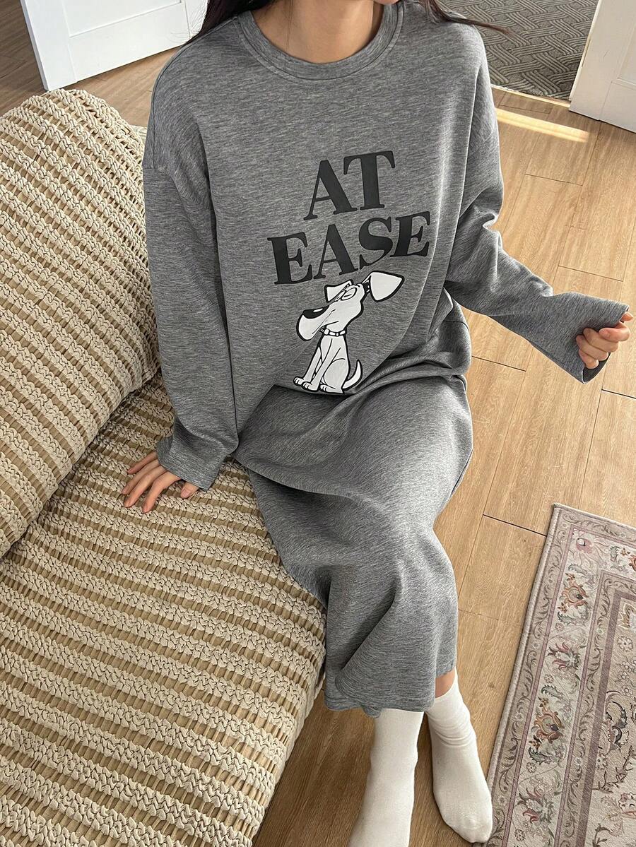 DAZY Loose Long Sleeve Long Dog Print Nightgown, Women Autumn Sleepwear Dress - Grey - View 1