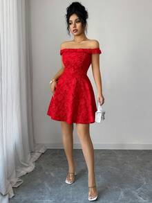 Rafferiza 女士露肩纹理面料A字下摆百搭通勤派对约会优雅年轻女士连衣裙 - 紅色 - 查看 6