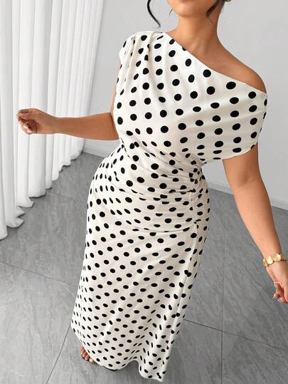 Elenzga Plus Size Women's Summer New White Base Black Dot Oblique Collar French Retro Elegant Pleated Slim Fit Stylish Large Round Polka Dot Dress, Suitable For Casual Daily, Commuting, Office, Dating, Party, Light Social Occasions, Vacation Polka Dot Dresses For Woman