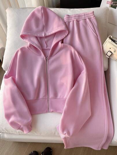 Comfortcana 2pcs/Set Plus Size Women Casual Zip-Up Hoodie And Pants Set, Fashion, Suitable For Spring/Autumn, Valentine's Day Pink Hoodie Pink Matching Set Comfy Set