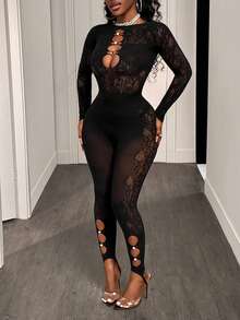 BamGleam Women's Sexy Hollow Out Mesh See-Through Jumpsuit - Black - View 4