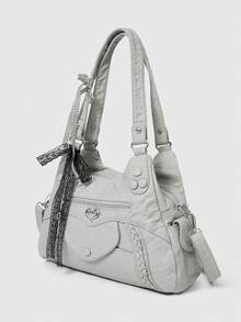 ROMWE Grunge Punk 时尚纯色PU皮革水桶单肩包，通勤必备 - 米色 - 查看 2