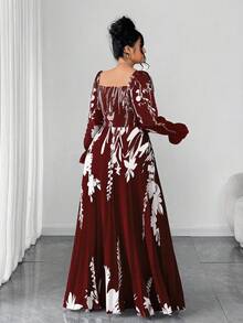 SHEIN Elenzya 大码女装时尚定位印花水钻领长袖连衣裙 - 酒紅色 - 查看 2