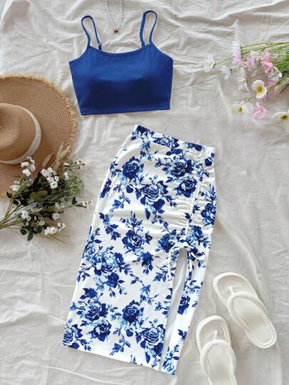 Soleia Conjunto informal de 2 piezas para vacaciones de mujer, atuendo de vacaciones, atuendo de verano, estampado floral azul, traje de falda con abertura