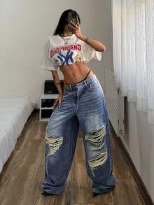 StreetHx Women's Casual Fashion Street Low Waist Distressed Loose Wide Leg Jeans - Blue - View 6