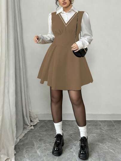 Elenzga 大码女式法式休闲优雅拼接长袖连衣裙，秋冬款