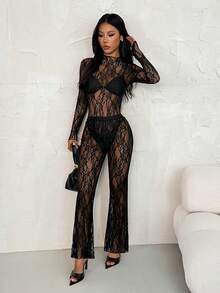 SHEIN PETITE 1pc Women Asymmetric Collar Sparkly Mesh Long Sleeve Fashion Top - Black - View 6