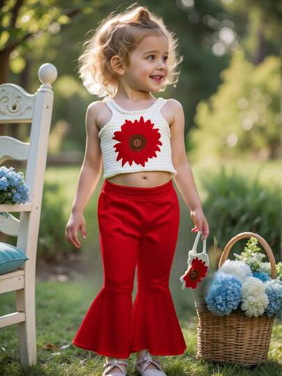 SHEIN 女婴夏季花卉刺绣网纱背心和纯色喇叭裤套装