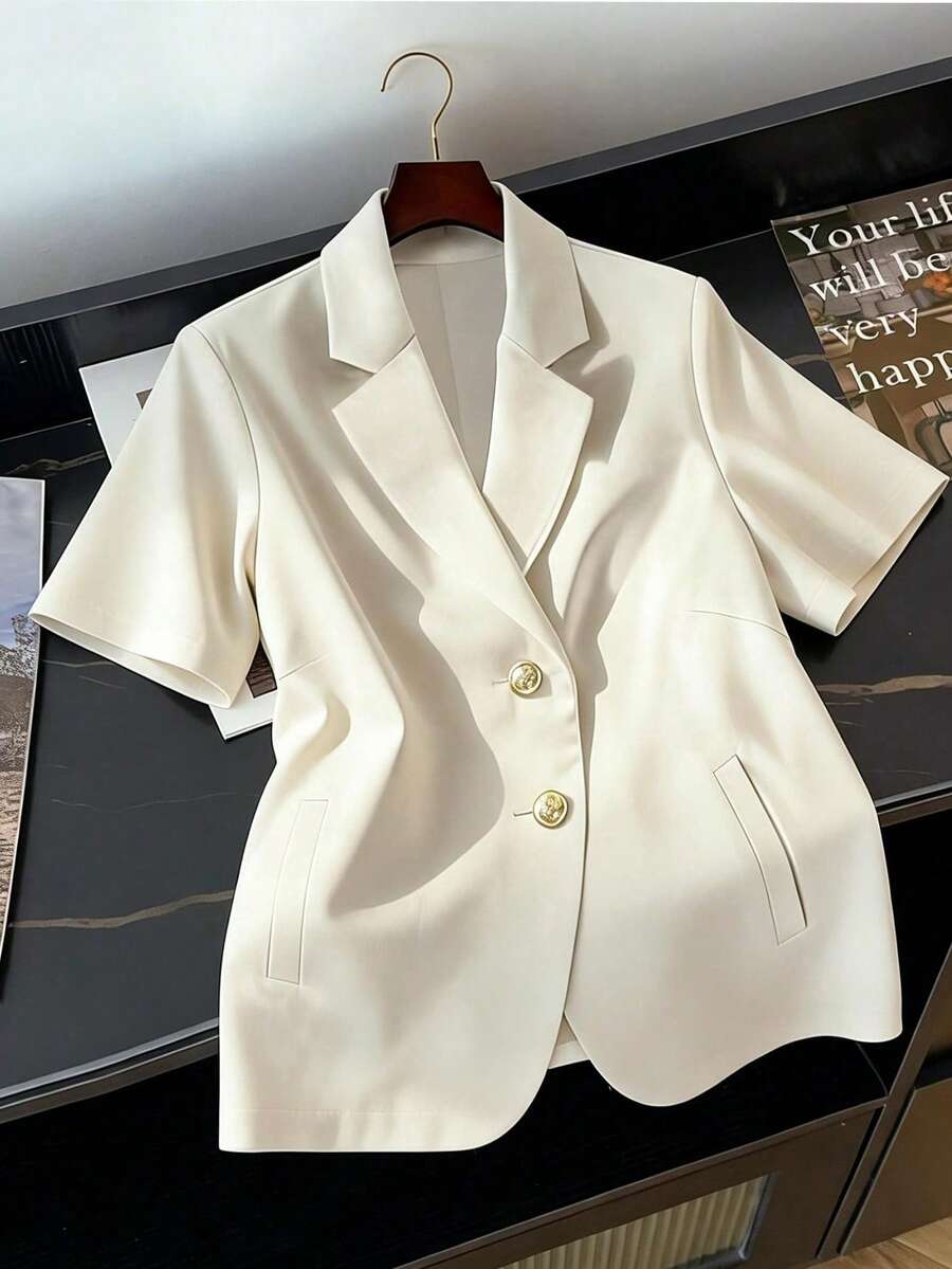 GlowEve CURVE Plus Size Women's Popular Solid Color Metal Button Short Sleeve Blazer, Versatile For Daily Commute, Outings, Minimalist Design - Apricot - View 1