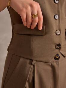 CLARA VERO Women's Brown Wide Leg Pants And Button Up Strapless Bustier Top Set – Two Pieces Summer Suit Outfit - Coffee Brown - View 3