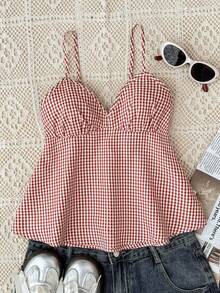 少女日常休闲红白格子吊带背心 - 紅白色 - 查看 1