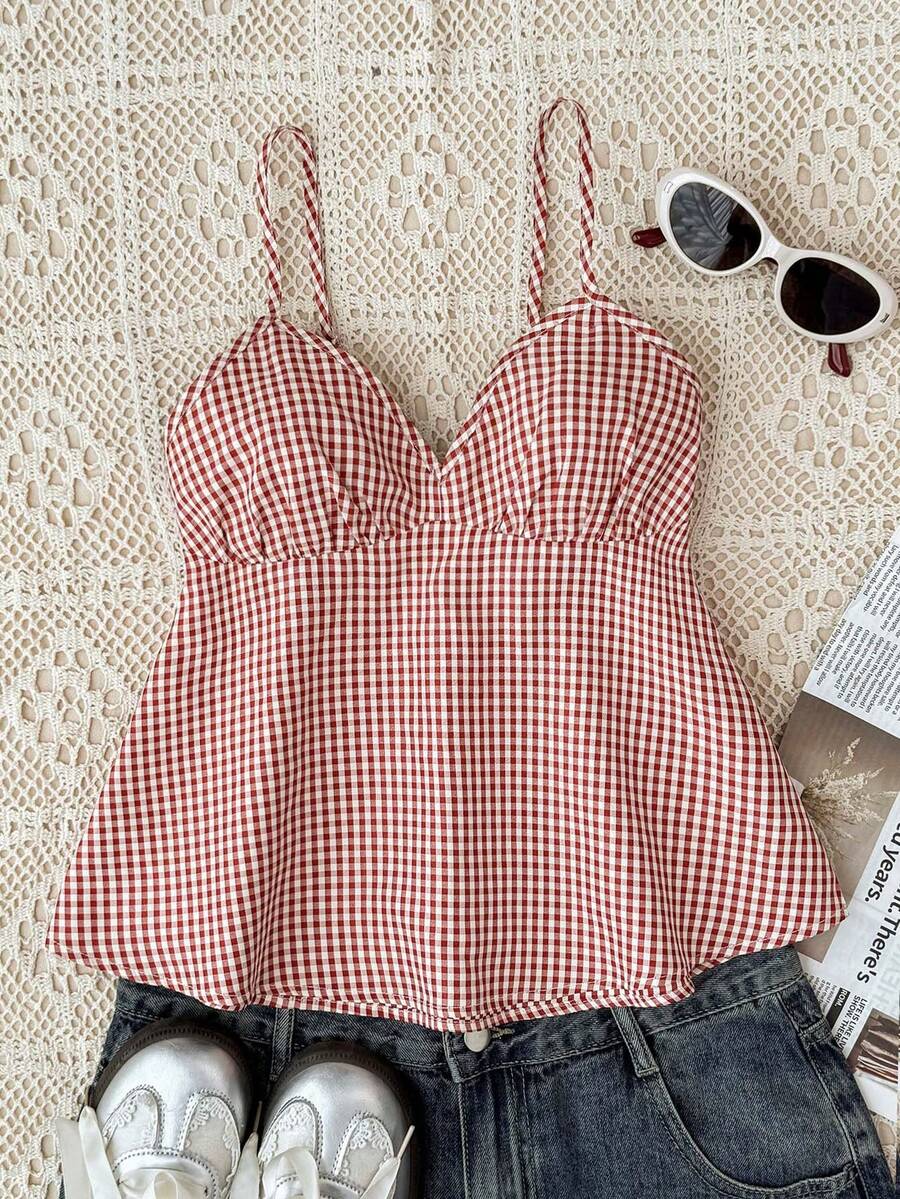 少女日常休闲红白格子吊带背心 - 紅白色 - 查看 1